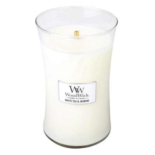 White Large Woodwick Tea & Jasmine Soy Candle