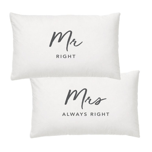 2 Piece Mr & Mrs Right Cotton Pillowcases Set