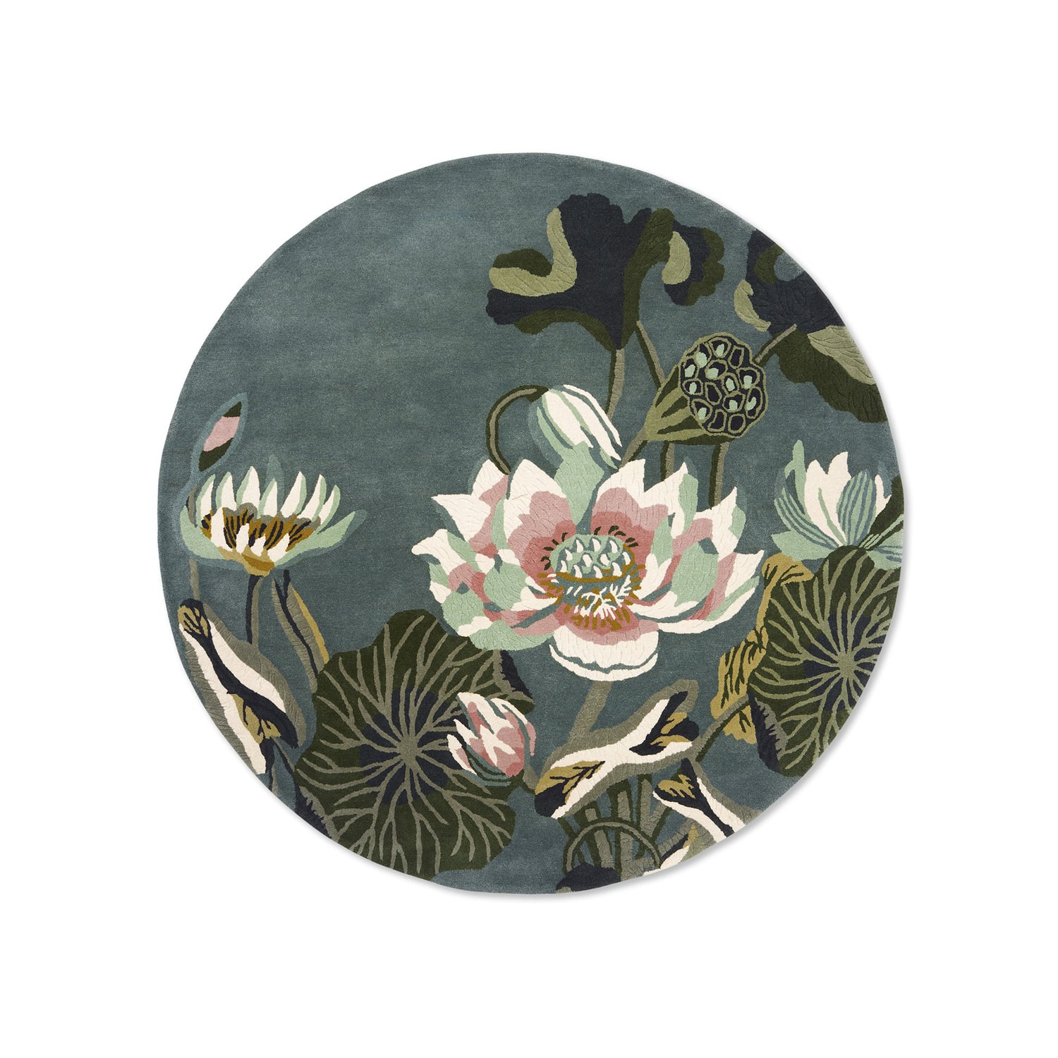 Midnight Pond Water Lily Hand-Tufted Wool Round Rug