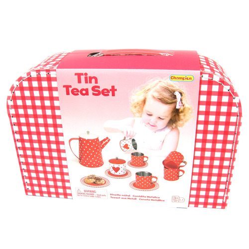 Kids 11 Piece Red & White Heart Tin Tea Party Set