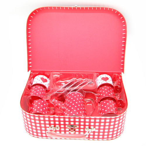 Kids 11 Piece Red & White Heart Tin Tea Party Set