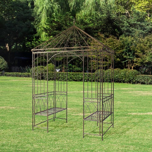 Rustic Brown Garden Gazebo with Built-In Benches
