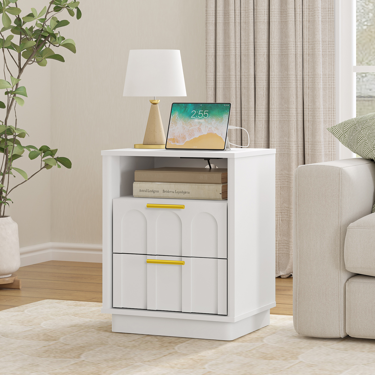 Crescentia Bedside Table with Charging Station