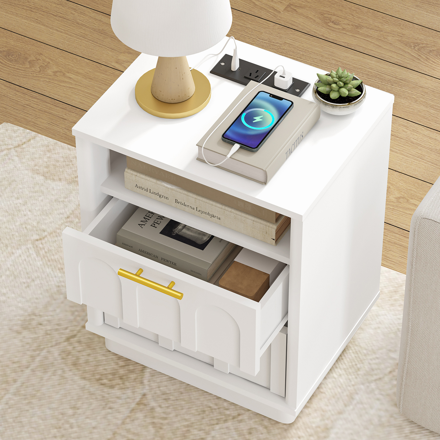Crescentia Bedside Table with Charging Station