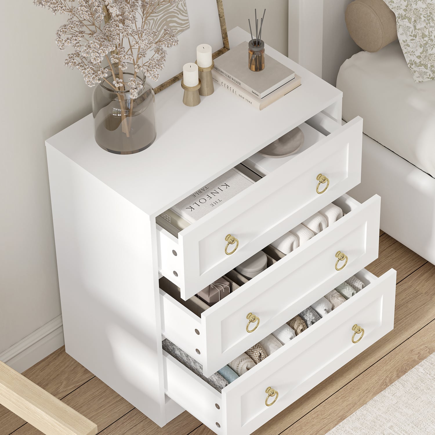 Modern White 3 Drawer Bedside Table with Gold Handles Bedroom Nightstand Cabinet Storage
