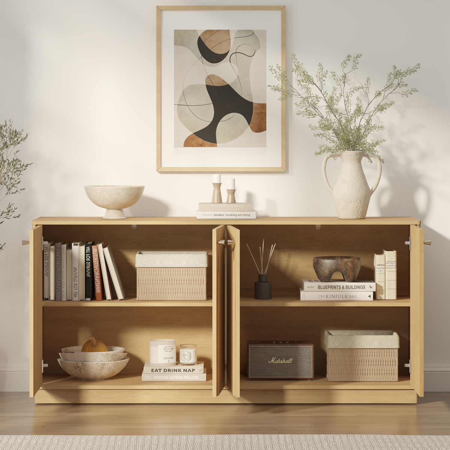 Modern Natural Oak Buffet Sideboard Cabinet with Arched Doors &ndash; 4 Door Storage Buffet for Living Room