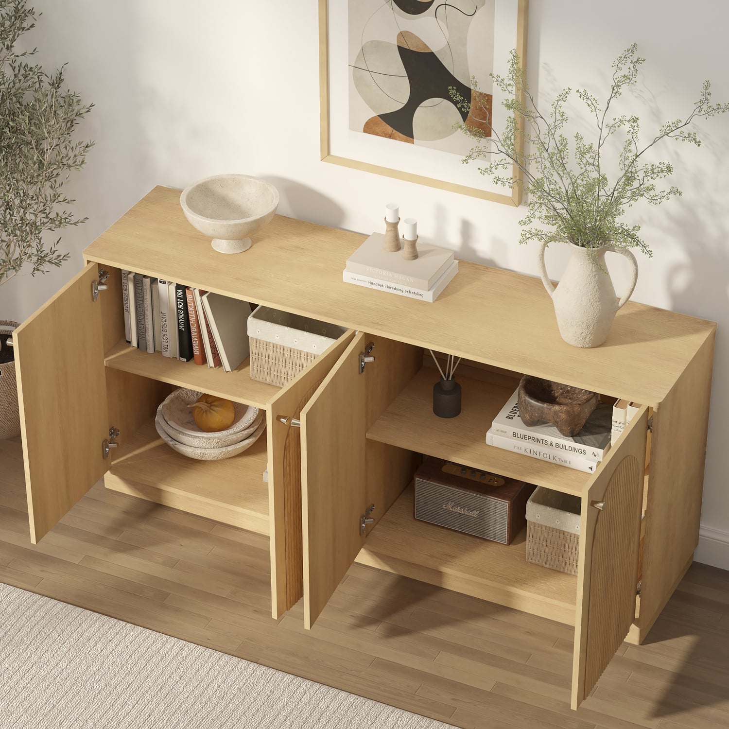 Modern Natural Oak Buffet Sideboard Cabinet with Arched Doors &ndash; 4 Door Storage Buffet for Living Room
