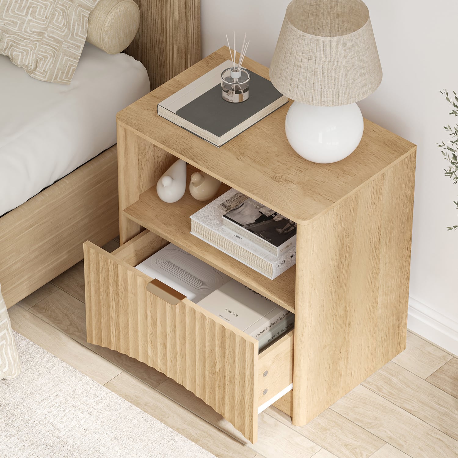 Natural Oak Bedside Table with Curved Front Drawer & Open Display Shelf
