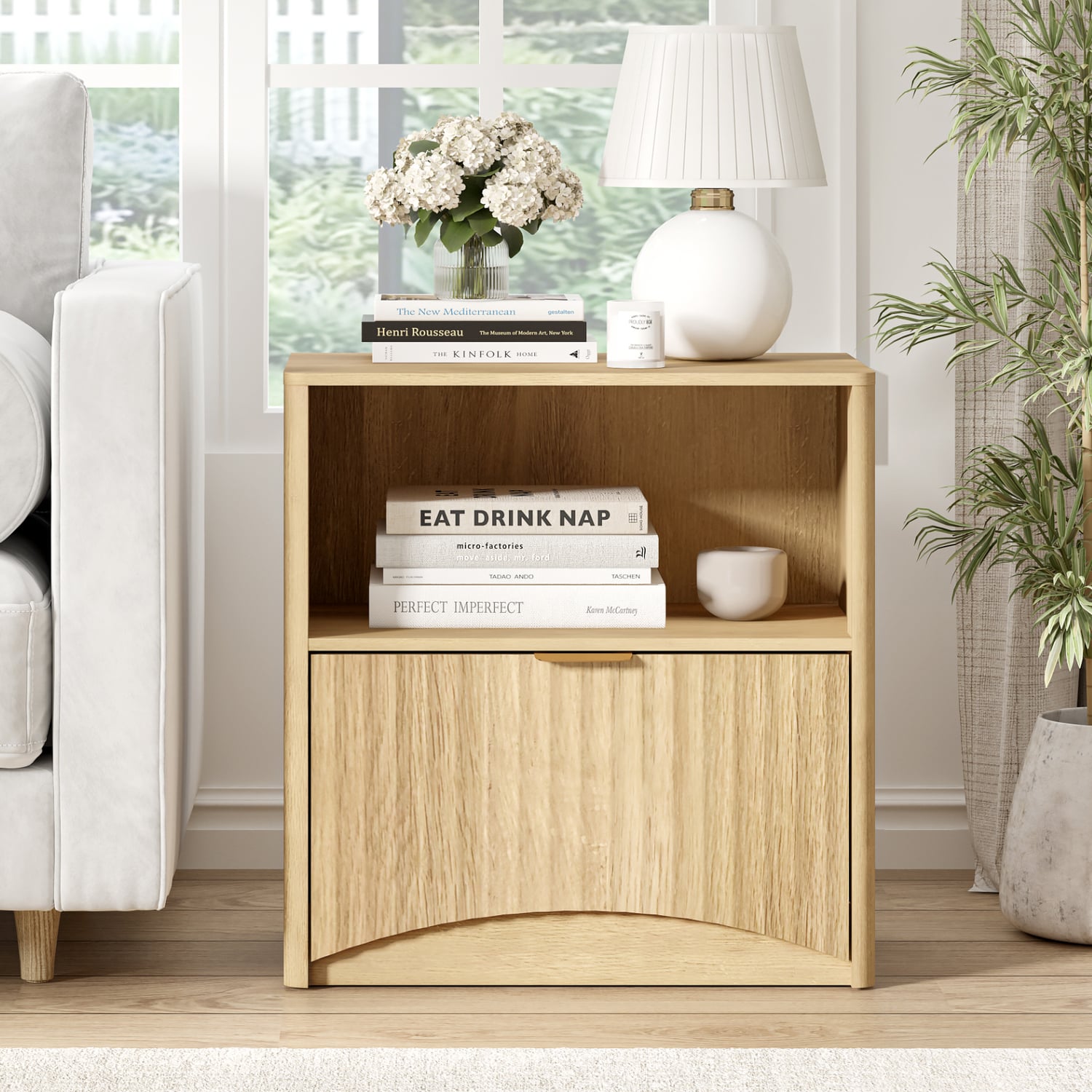 Natural Oak Bedside Table with Curved Front Drawer & Open Display Shelf