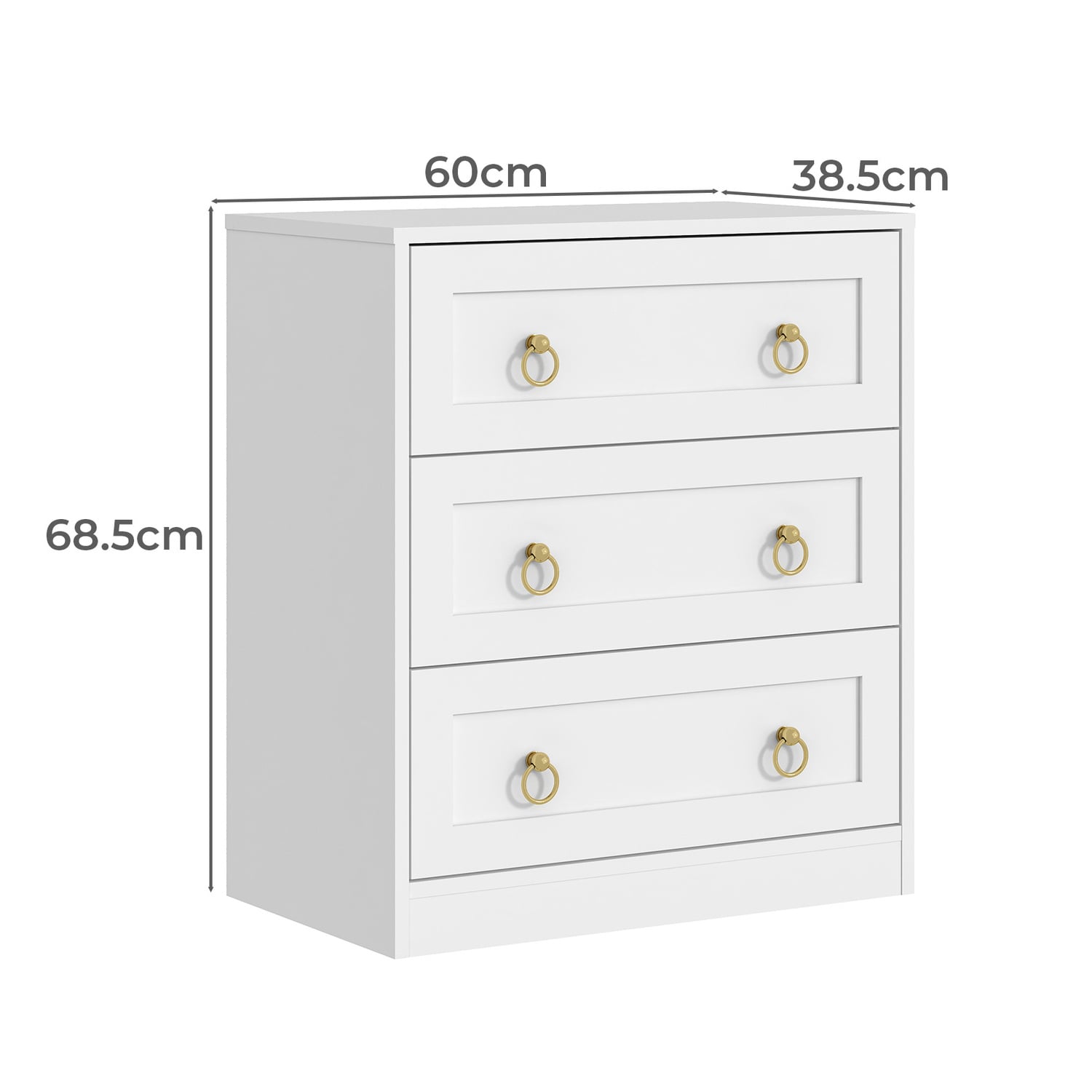 Modern White 3 Drawer Bedside Table with Gold Handles Bedroom Nightstand Cabinet Storage