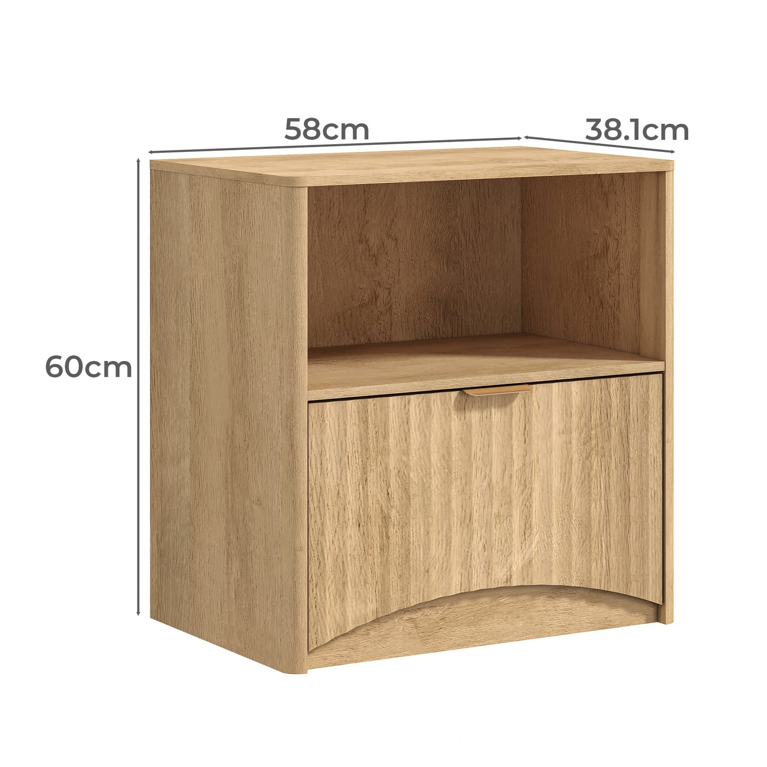 Natural Oak Bedside Table with Curved Front Drawer & Open Display Shelf