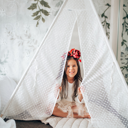 Kids White Mist Lace Cotton Teepee Tent