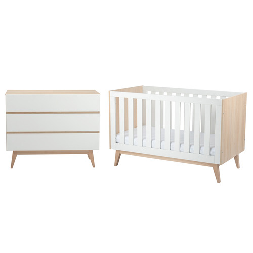 Babyrest 2 Piece White & Naural Tommi Cot & Chest of Drawers Set