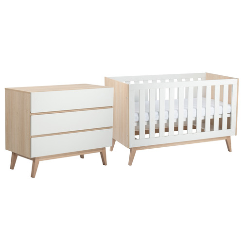 Babyrest 2 Piece White & Naural Tommi Cot & Chest of Drawers Set