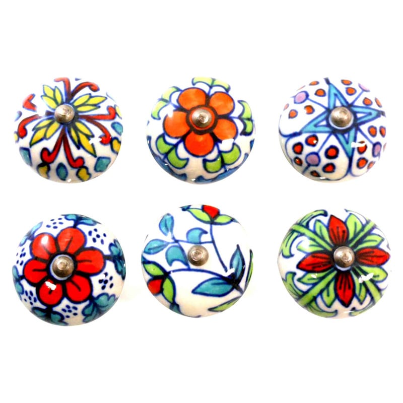 6 Piece Multi-Colour Floral Knob Set