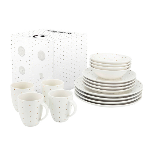 White Golden Hearts Set of 16 Dinnerware