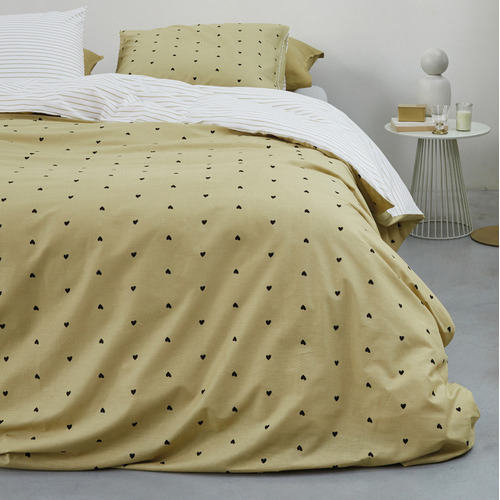 Yellow Striped Hearts Cotton Quilt, White And Gold Polka Dot Duvet Cover Set