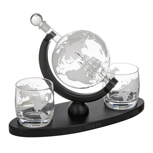 4 Piece Globe Preston Whisky Decanter, Glass, & Tray Set