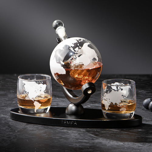 4 Piece Globe Preston Whisky Decanter, Glass, & Tray Set