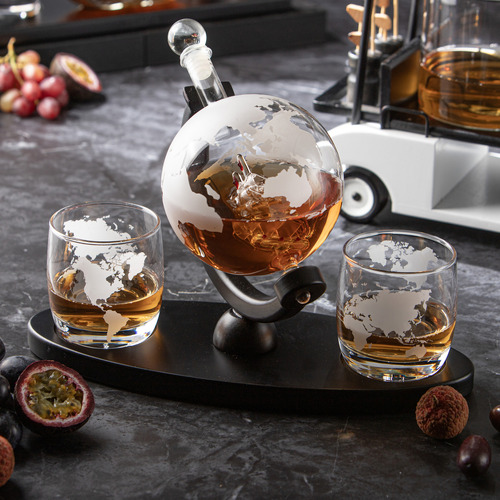 4 Piece Globe Preston Whisky Decanter, Glass, & Tray Set