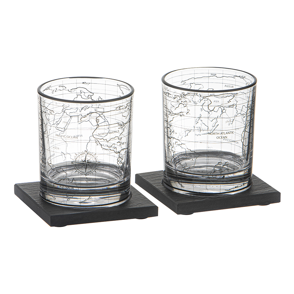4 Piece Atlas Crystal Whiskey Glass & Coaster Set