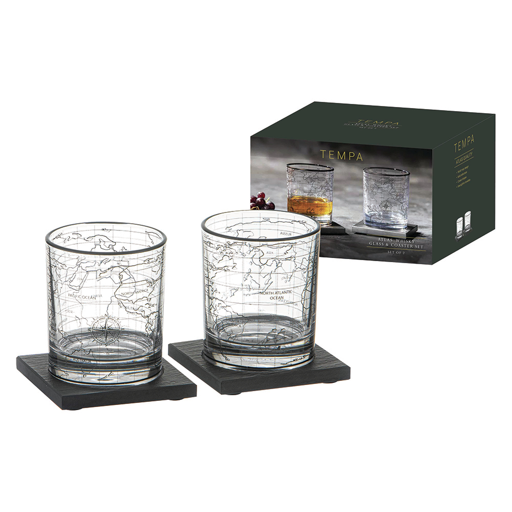 4 Piece Atlas Crystal Whiskey Glass & Coaster Set