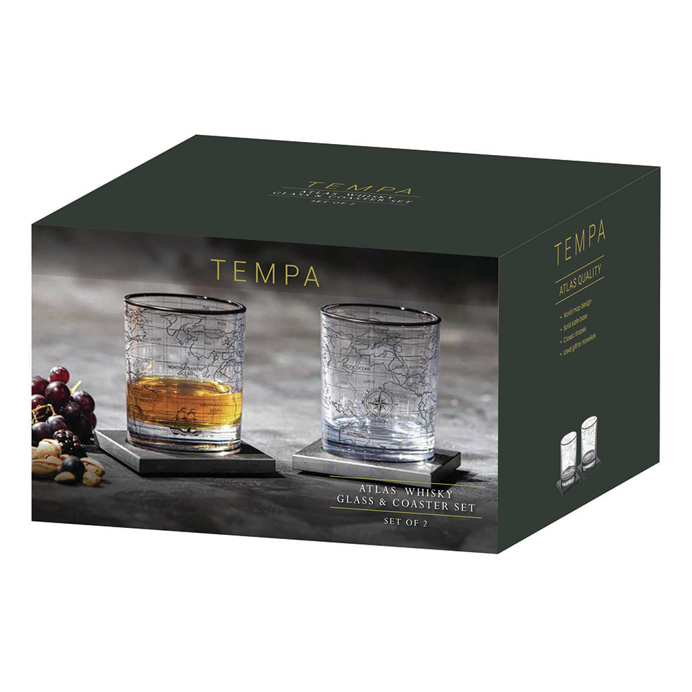 4 Piece Atlas Crystal Whiskey Glass & Coaster Set