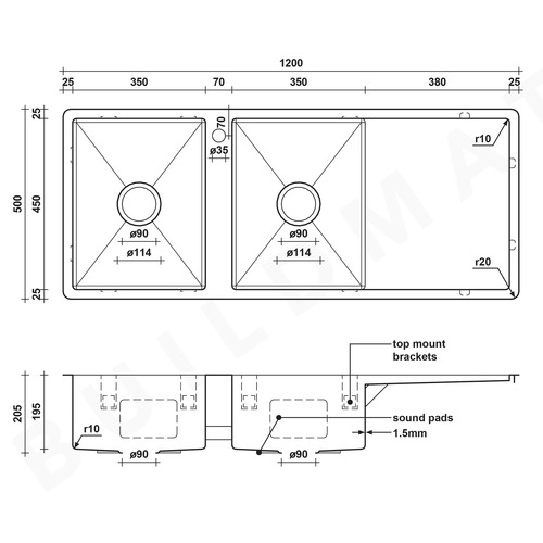 Theo Double Kitchen Sink with Right Drainboard