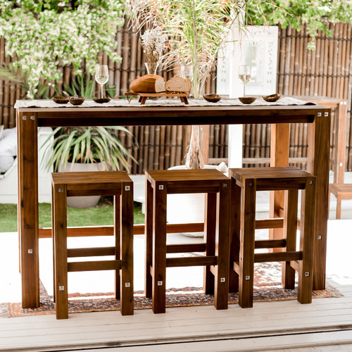 3 Seater Ollie Eucalyptus Wood Outdoor Bar Table Set | Temple & Webster