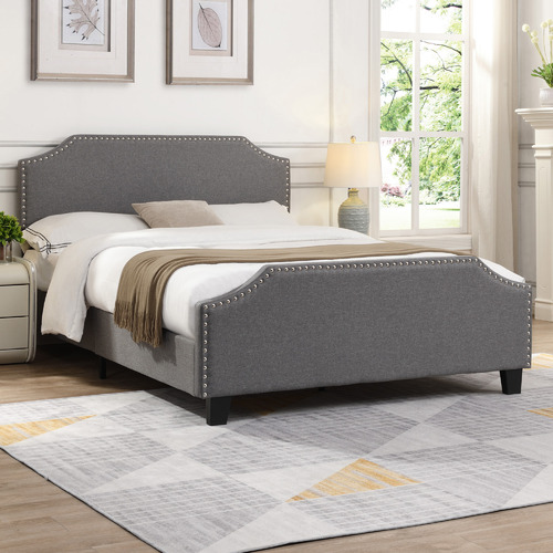 Eviehome Grey Amia Upholstered Bed, Chambery Shelter Back King Upholstered Panel Bed