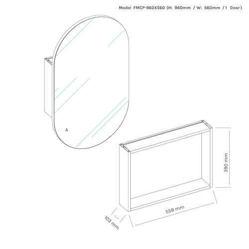 Ava 560mm Pill Frameless Mirrored Shaving Cabinet with Glass Shelf
