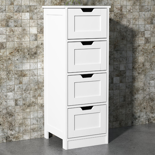 Zenhome Sian 4 Drawer Bathroom Cabinet, Wooden White Bathroom Floor Cabinet With Side Storage Cupboard And 4 Drawers