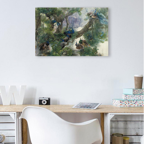 A Group of Peacocks by the Lake Stretched Canvas Wall Art