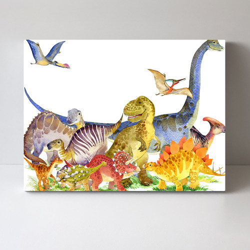 Dinosaurs Watercolour Painting Style Stretched Canvas Wall Art