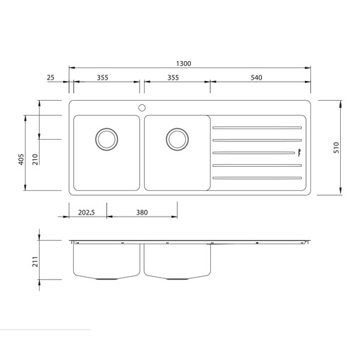 Sonetto Left Hand Double Topmount Kitchen Sink with Drainboard