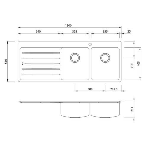 Sonetto Right Hand Double Topmount Kitchen Sink with Drainboard
