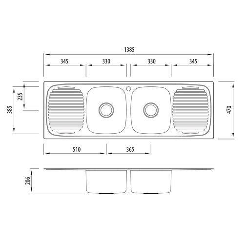 Oliveri Ultraform Double Bowl Kitchen Sink with Double Drainboard The