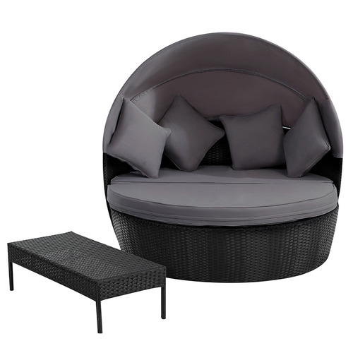 Grey Rattan Outdoor Daybed Temple, Black Wicker Outdoor Furniture Rattan Canopy Daybed