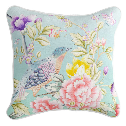 Aqua Oriental Romance Linen-Blend Cushion Cover