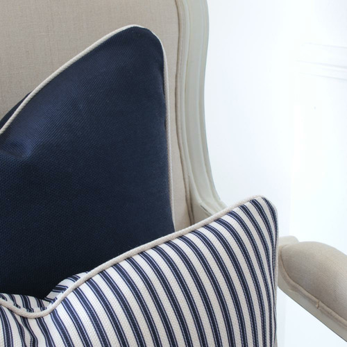Navy with White Piping Linen-Blend Cushion Cover