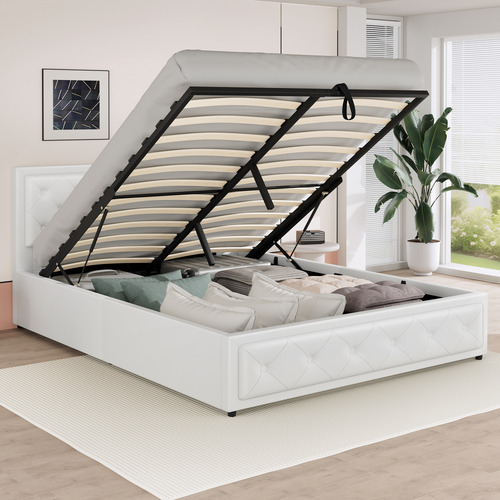 White Hoyce Faux Leather Gas Lift Bed