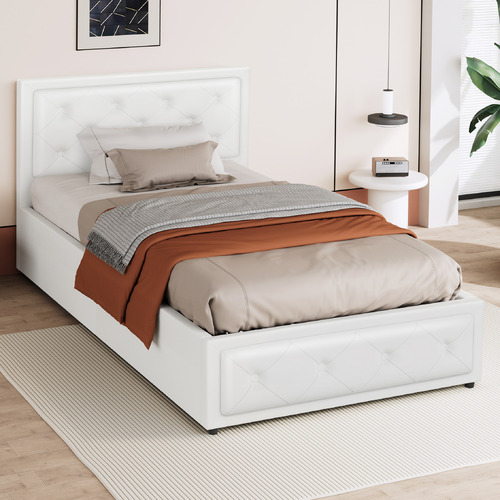 White Hoyce Faux Leather Gas Lift Bed