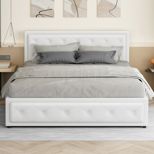 White Hoyce Faux Leather Gas Lift Bed
