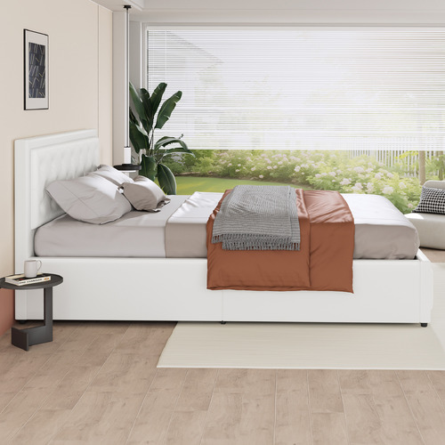 White Hoyce Faux Leather Gas Lift Bed