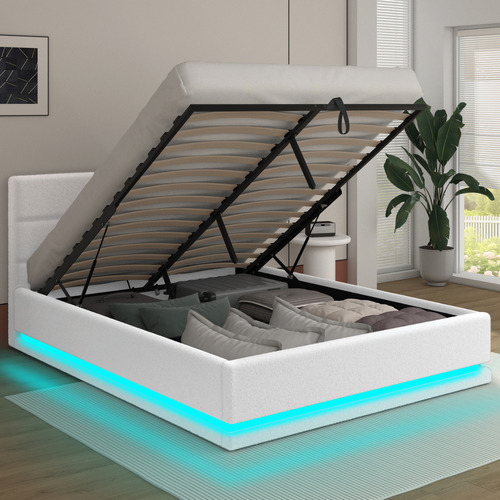 White-Alpine-Boucle-Gas-Lift-Storage-Bed-with-LED