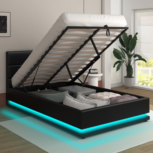 Black Alpine PU Leather Gas Lift Storage Bed with LED