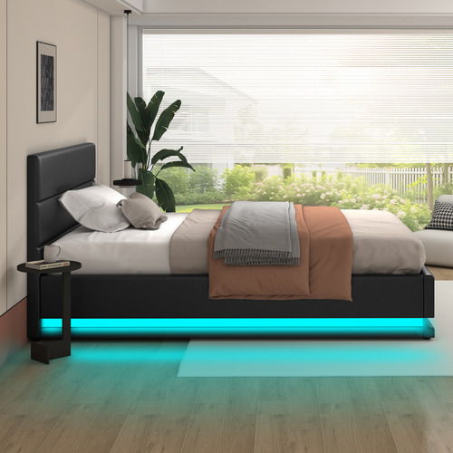 Black Alpine PU Leather Gas Lift Storage Bed with LED