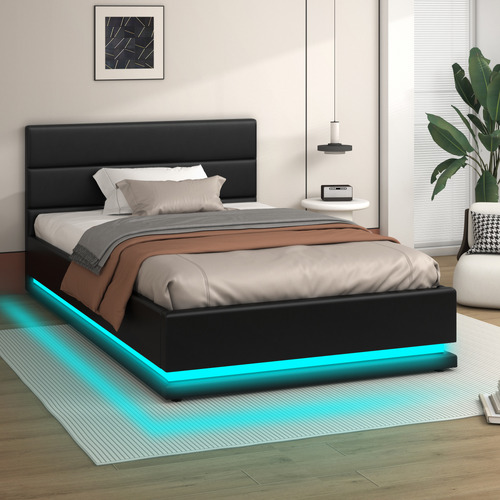 Black Alpine PU Leather Gas Lift Storage Bed with LED