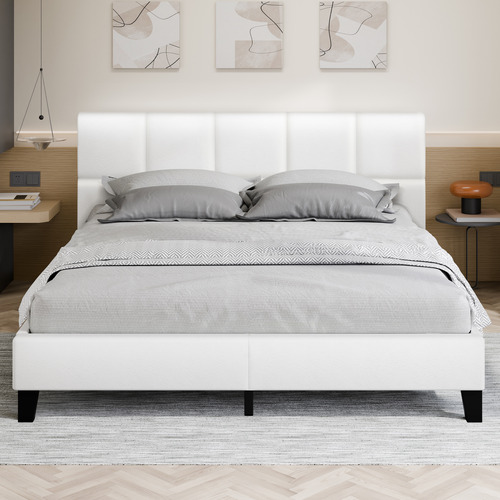 White Morrow Faux Leather Platform Bed