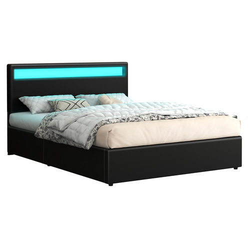 Black Caledon PU Leather Gas Lift Storage Bed with LED